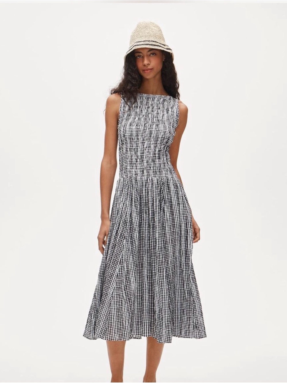 J. Crew Lina Midi Dress in Black and White Gingham - Smocked Bodice